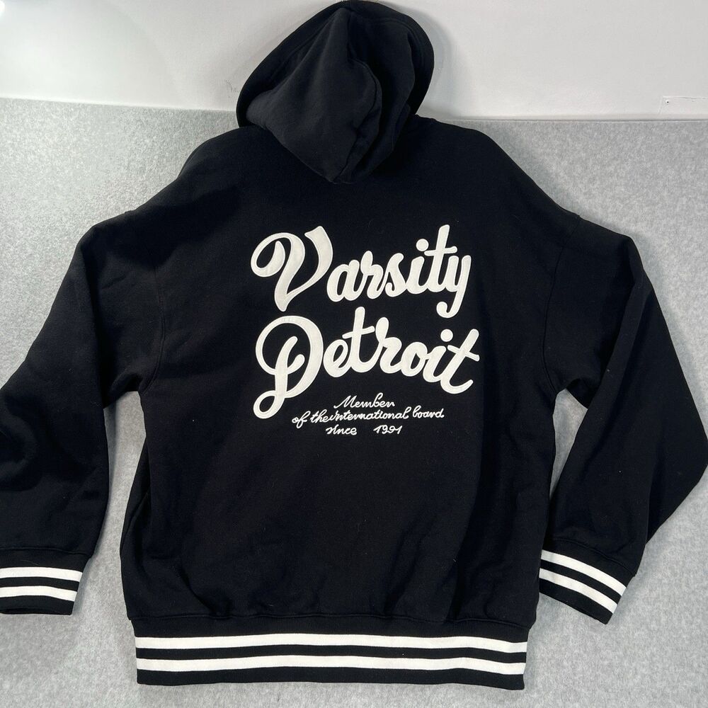 H&M Detroit Varsity Jacket hoodie fleece mens L retro full zip black white